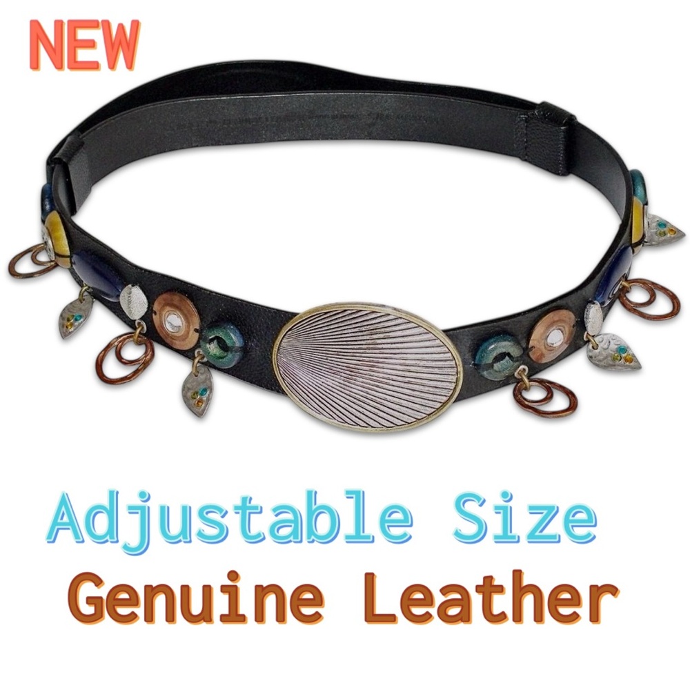 New Vintage design Adjustable Black Leather Embellished Belt bohemian hip charms